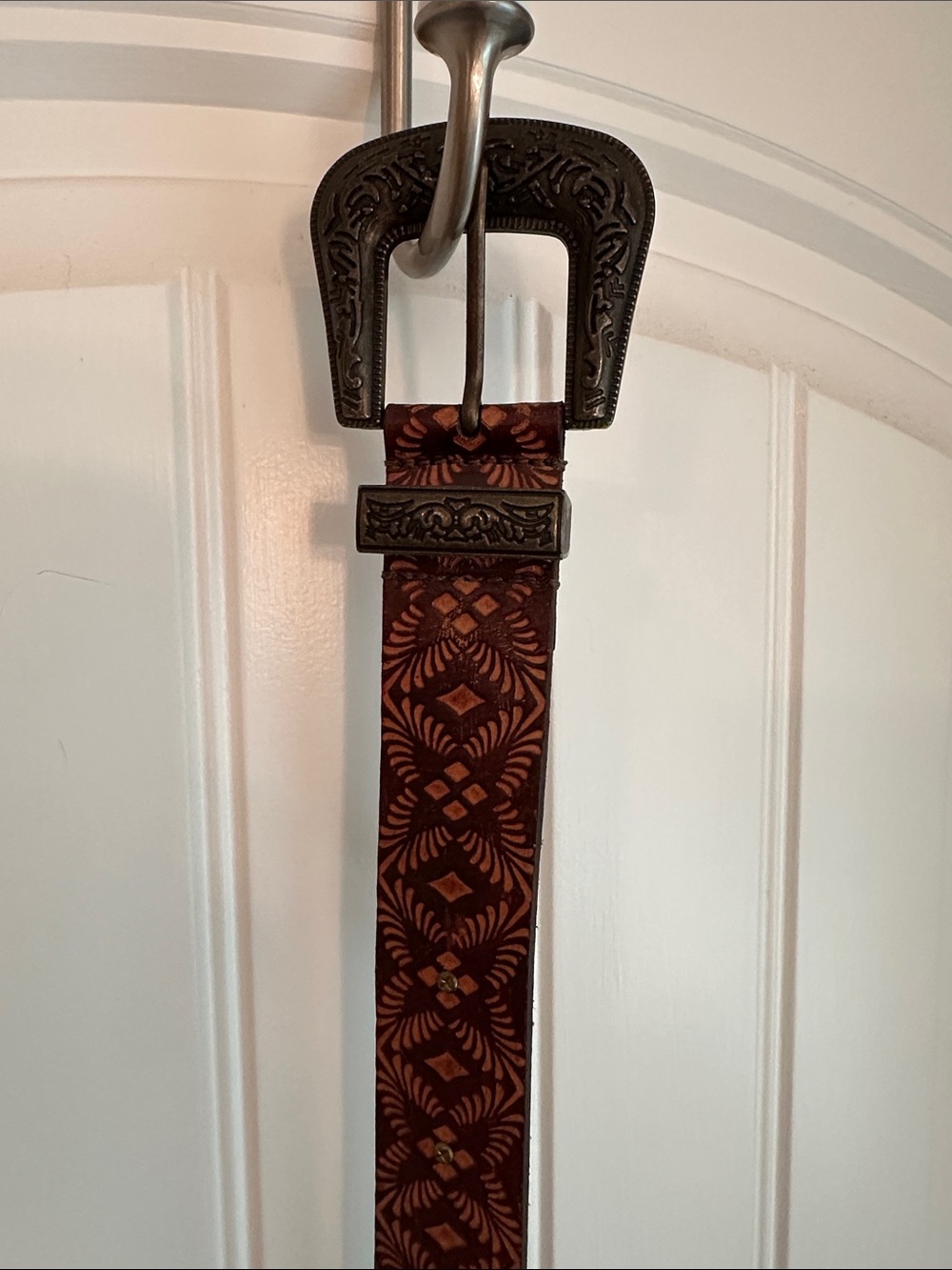 Free People Brown Tooled Leather Belt with Ornate Buckle